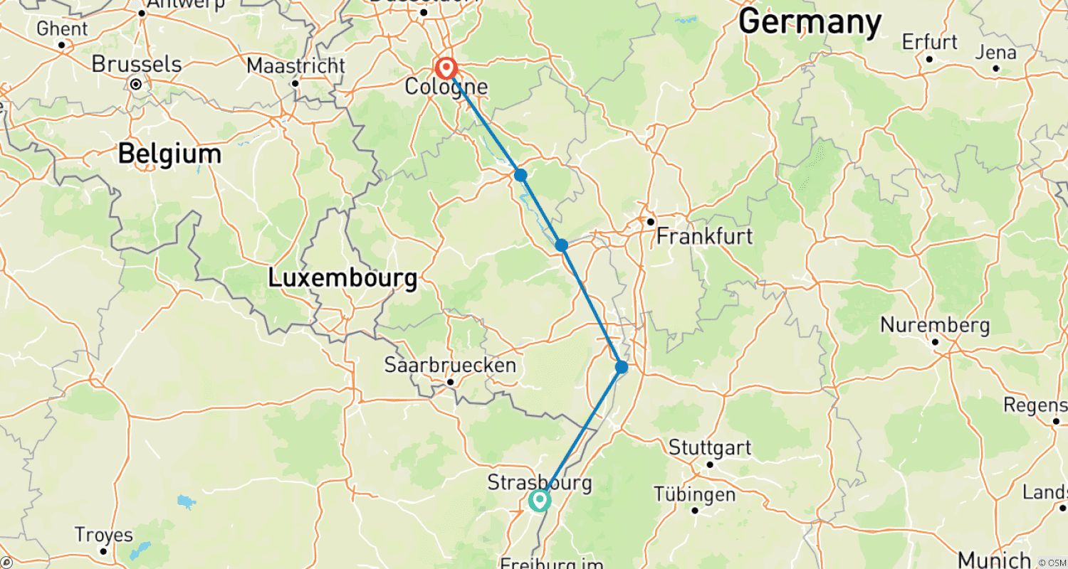 خريطة مسار سحر زمن المجيء على الراين (Strasbourg - كولونيا) (5 وجهات)