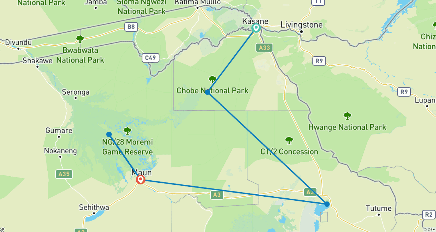 Mapa trasy: Kompletna Botswana: Parki Narodowe i Dzika Przyroda Delty