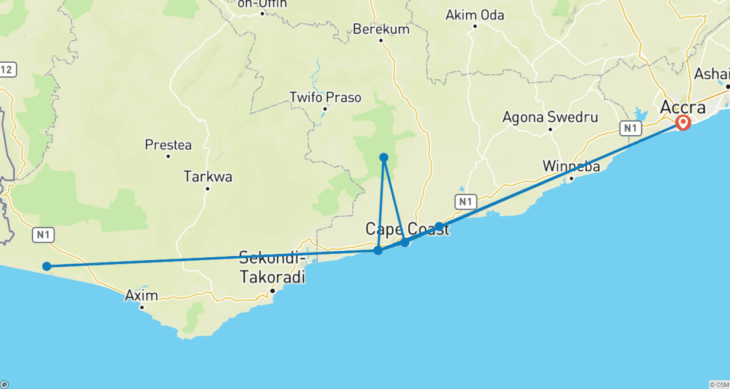 Mapa trasy: Ghana: plaże i zachwycające wybrzeża