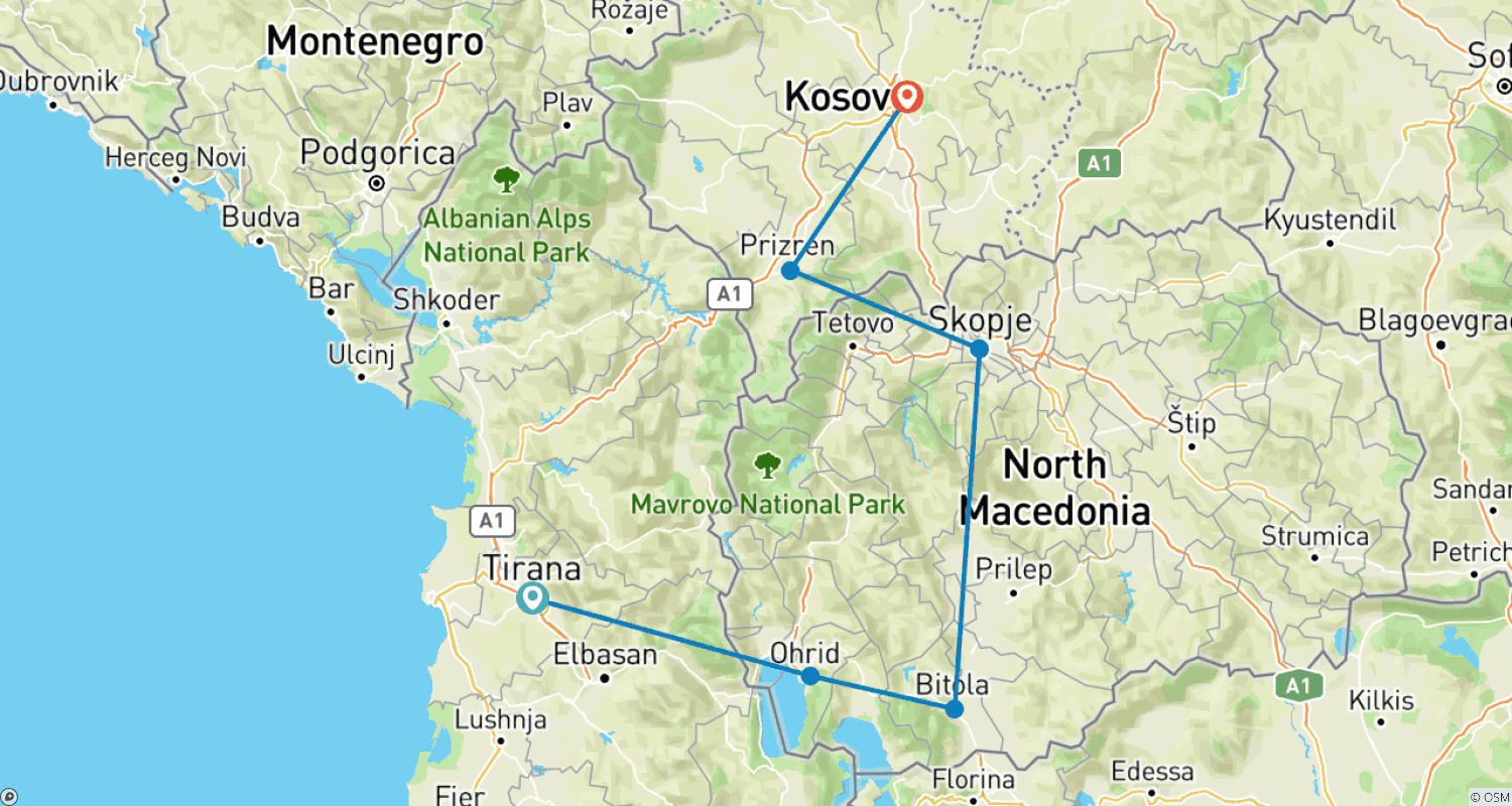 Mapa do percurso de Kosovo & Macedonia Adventure: Tirana to Pristina