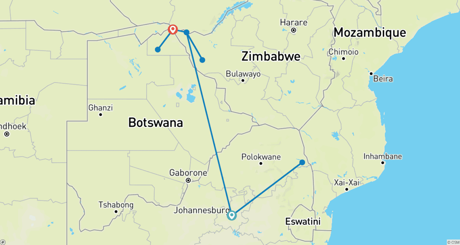 Mapa do percurso de Safári na África Austral: Kruger, Cataratas Vitória, Hwange e Chobe