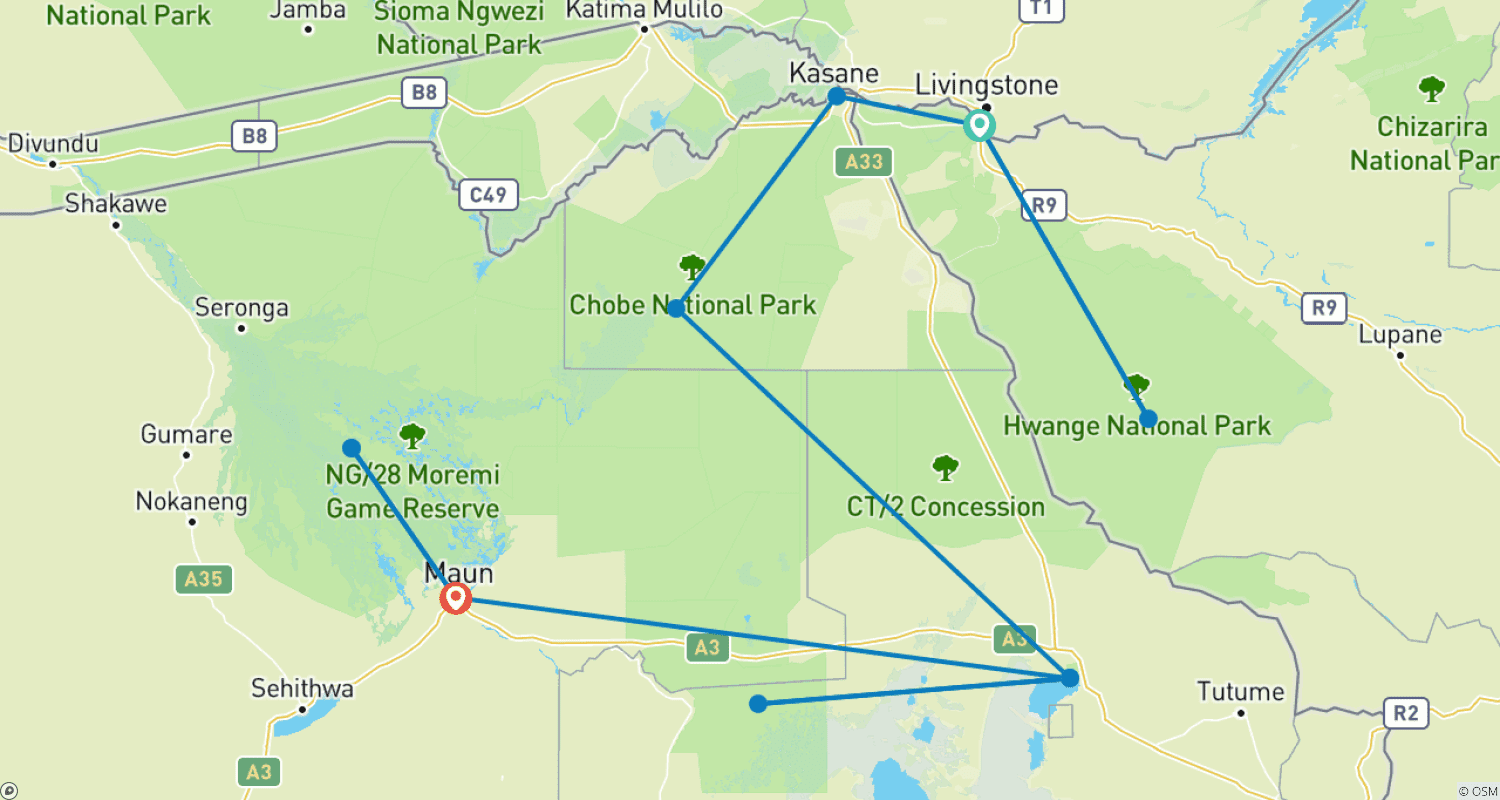 Mapa trasy: Safari Zimbabwe i Chobe: Od Wodospadów Wiktorii do Okawango