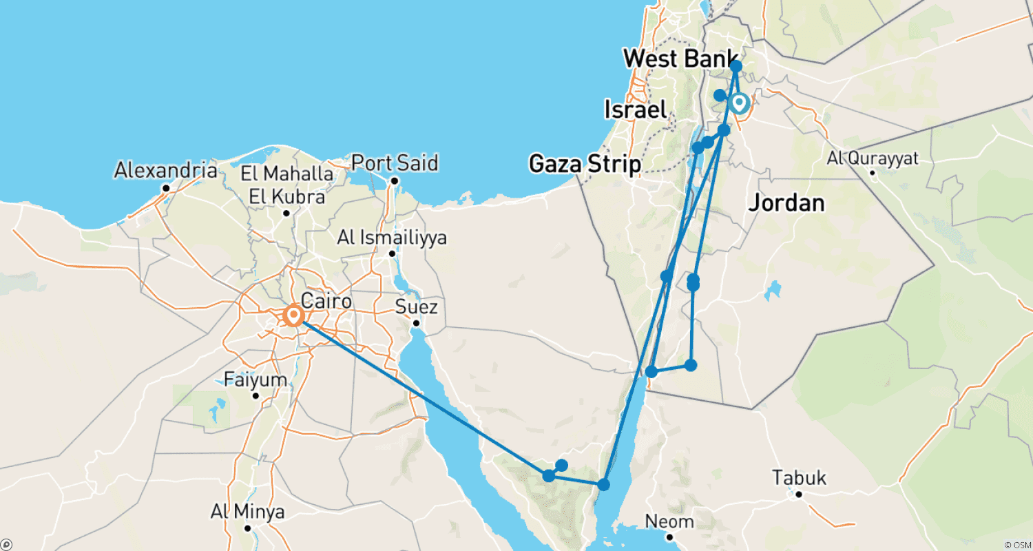 Mapa do percurso de Jordânia ao Egito: Acampamento em Wadi Rum e Flutuação no Mar Morto