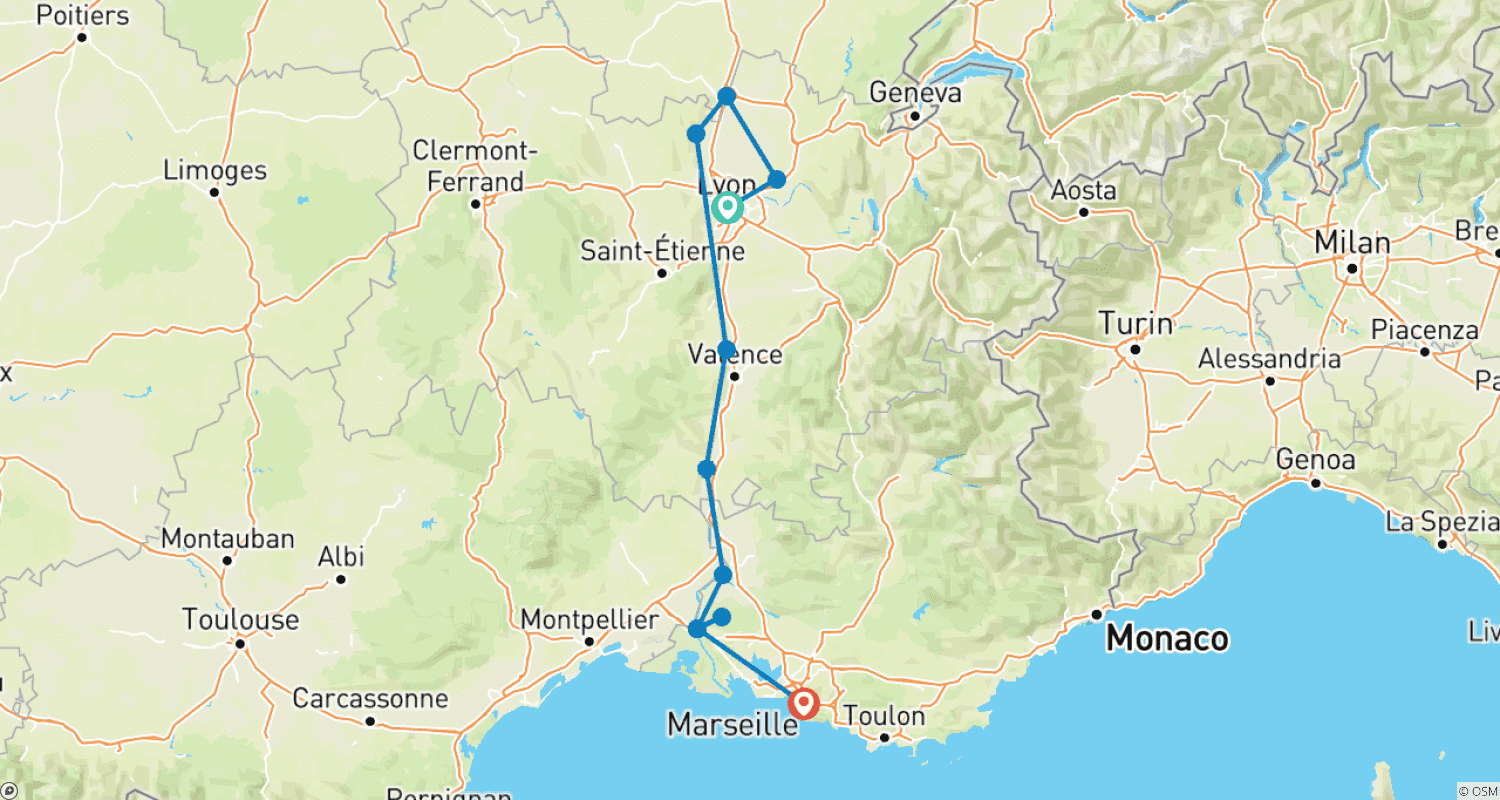 Mapa trasy: Wrażenia z Lyonu i Prowansji 2026|2027 - 8 dni (z Lyonu do Marsylii)