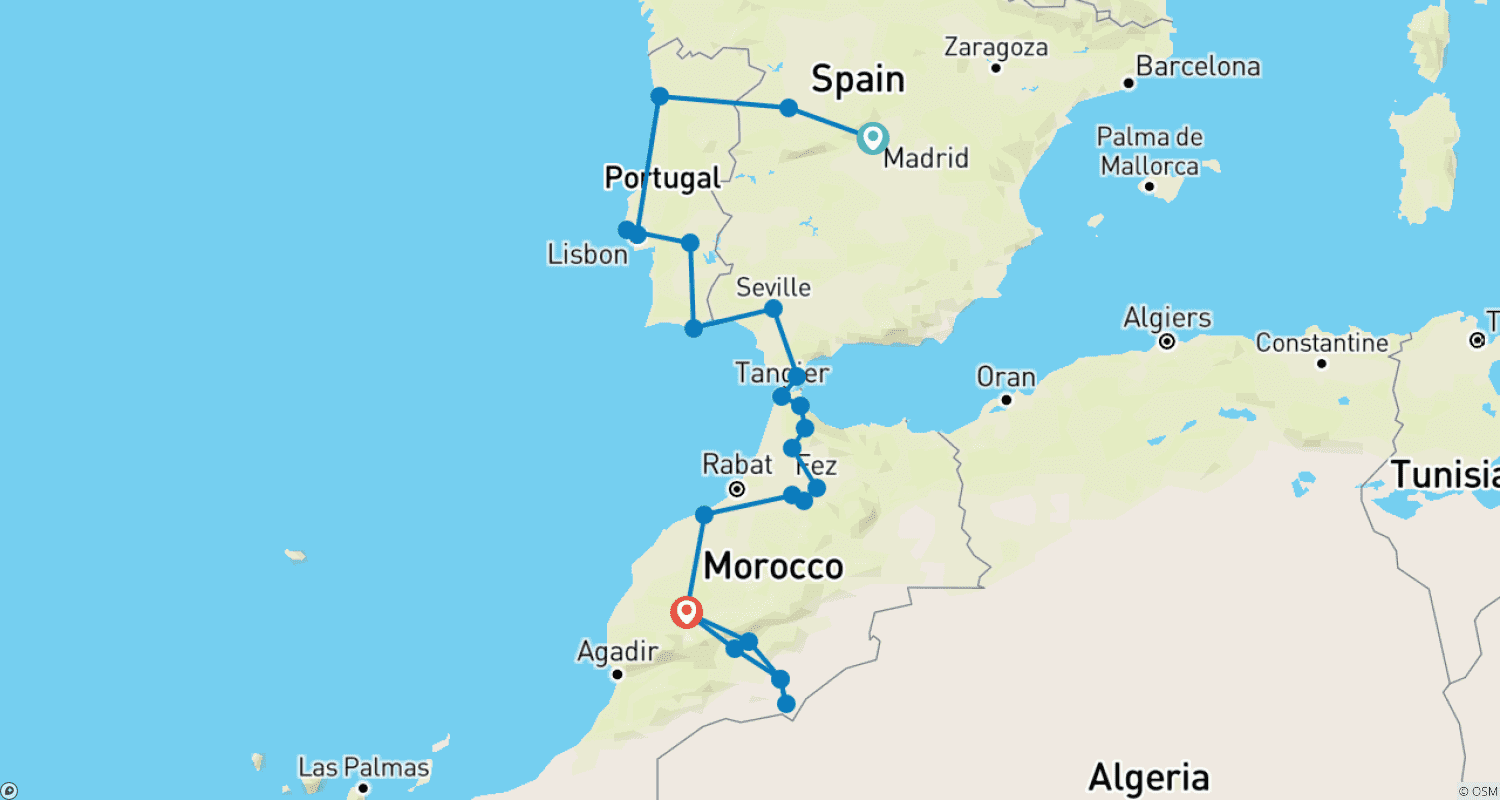 Mapa trasy: Hiszpania, Portugalia i Maroko: Madryt do Sahary
