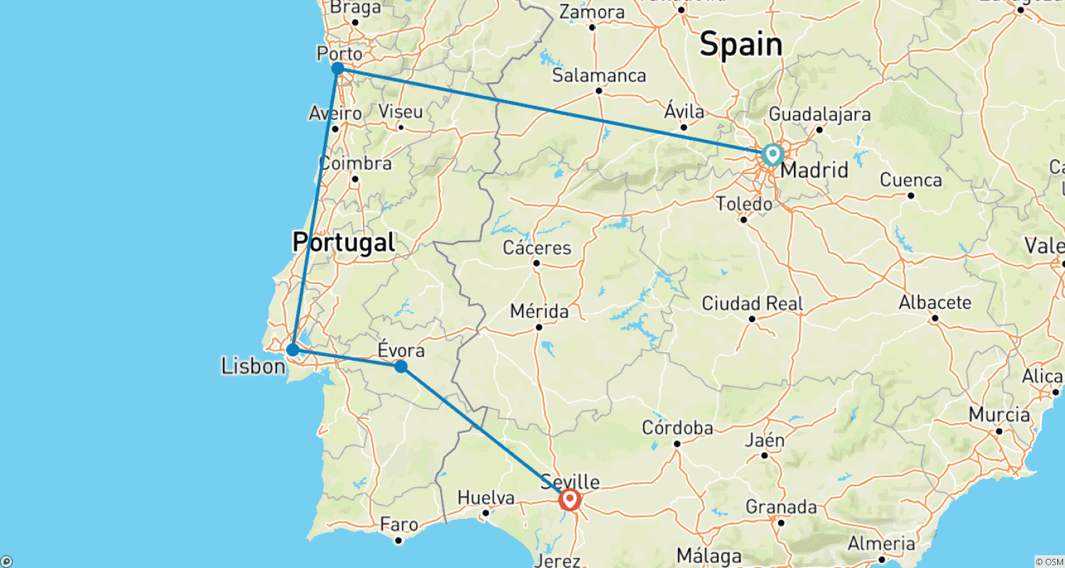 Mapa trasy: Klasyczna Hiszpania i Portugalia: Z Madrytu do Sewilli