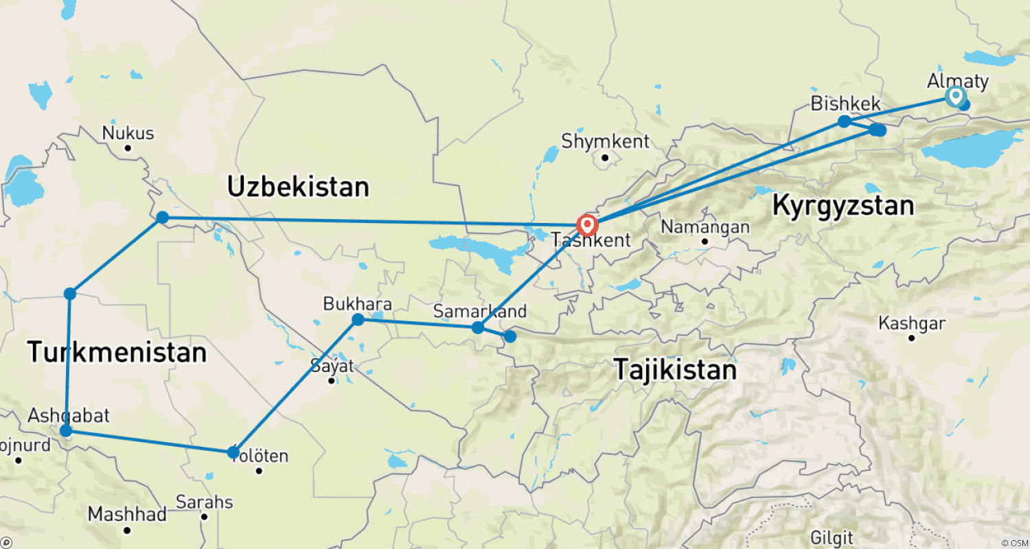 Mapa do percurso de Aventura pelos 5 Estanques – Turcomenistão Uzbequistão Tajiquistão Quirguistão Cazaquistão