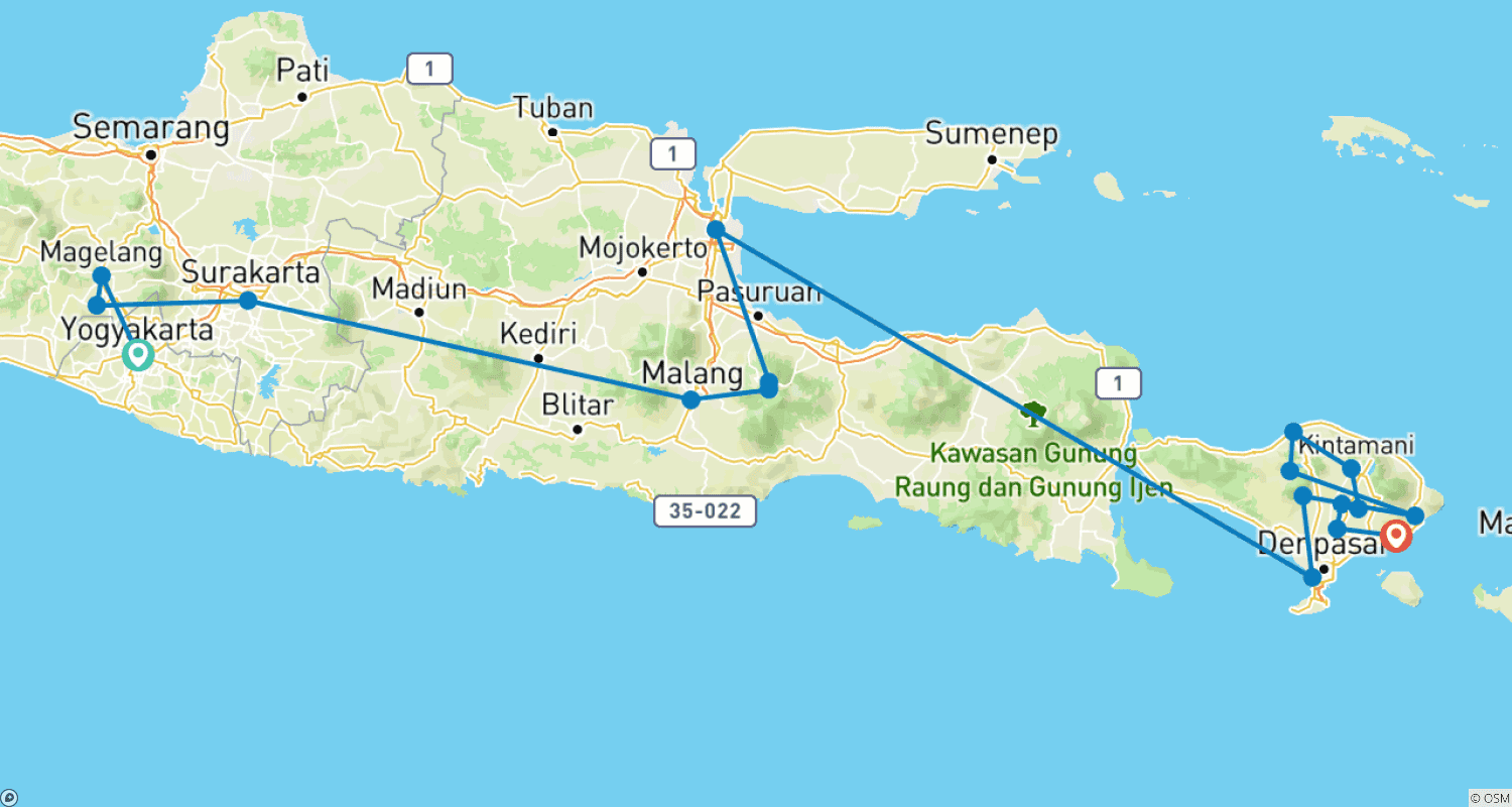 Indonesia: Yogyakarta to Baliのルートマップ