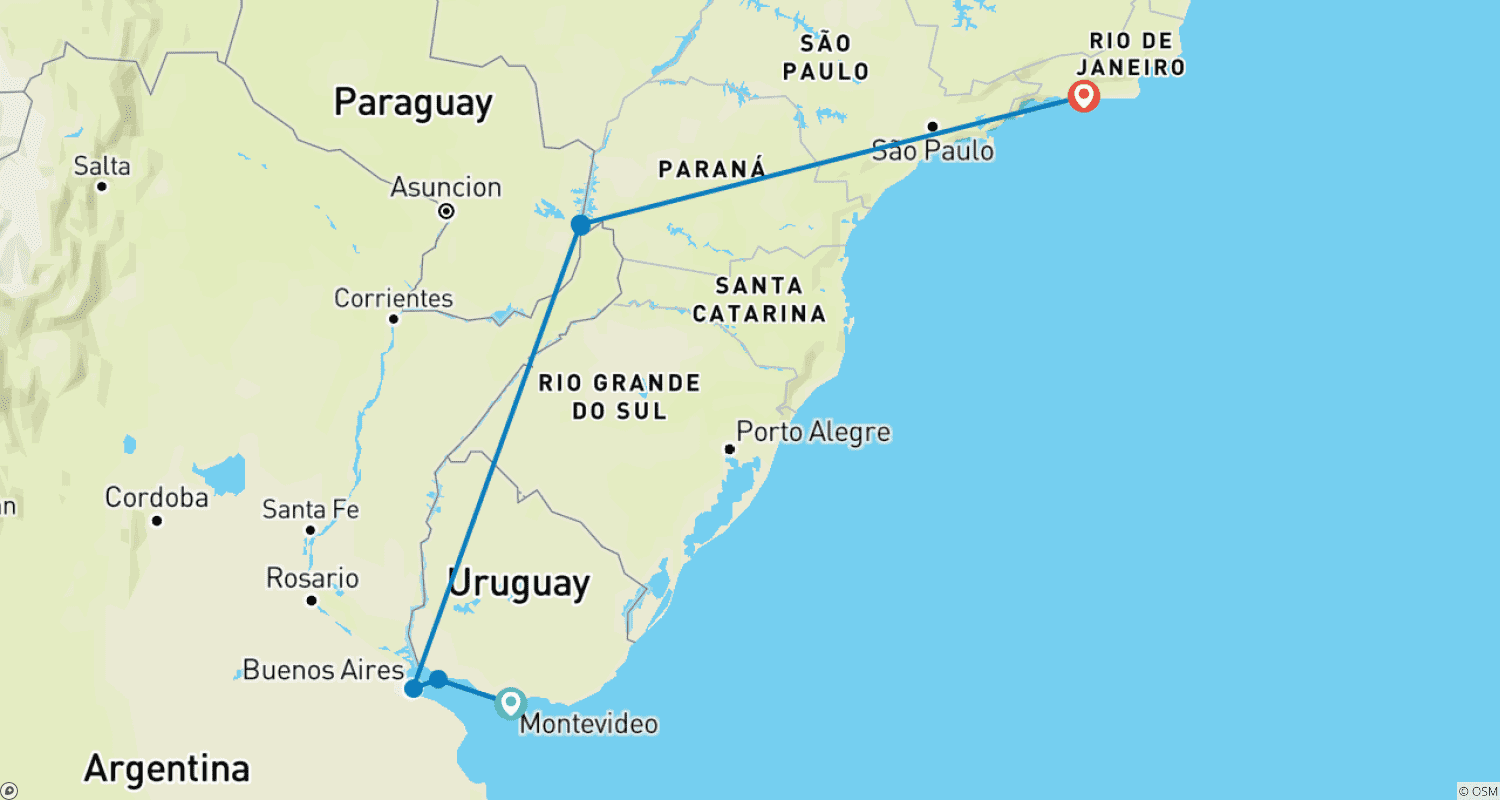 Mapa do percurso de Argentina, Brasil e Uruguai: Copacabana Encontra as Cataratas do Iguaçu