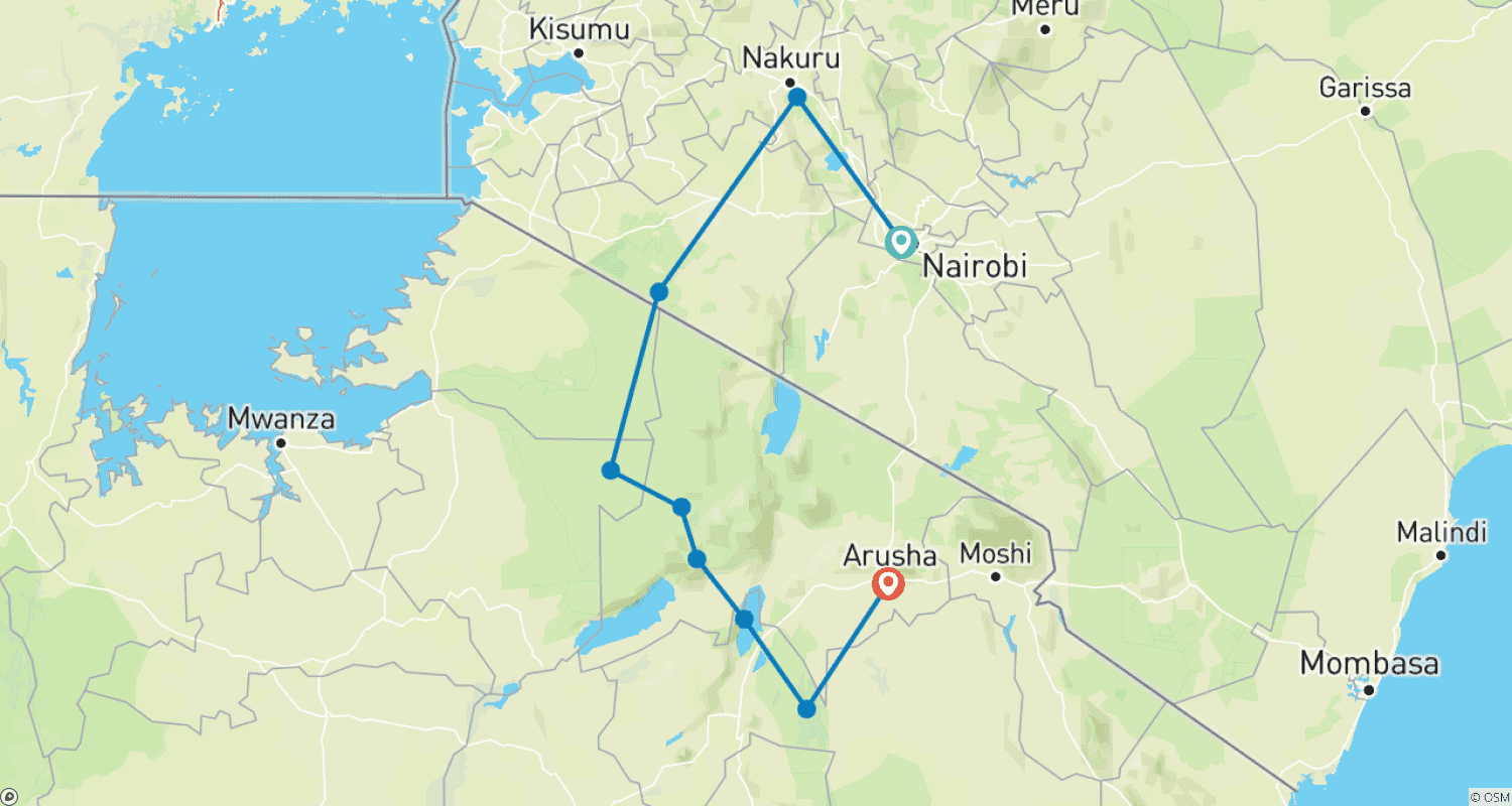 The Great Migration Odyssey: Kenya & Tanzania in 13 Daysのルートマップ