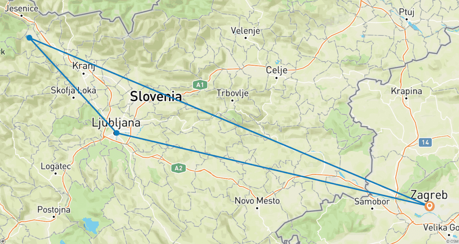 Mapa do percurso de 5 Day Zagreb Including Ljubljana & Lake Bled