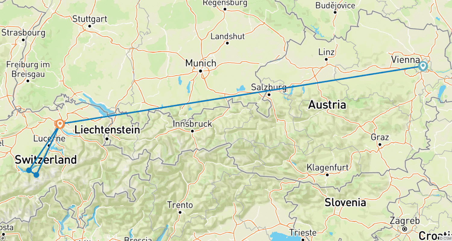 Mapa do percurso de 7 Dias em Viena e Zurique de Trem