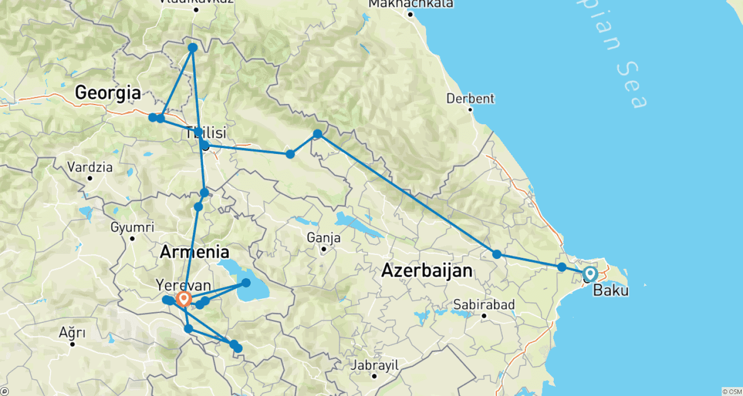 Mapa do percurso de Cáucaso / Azerbaijão - Geórgia - Armênia / 13 dias / 12 noites 2026 / MÍN 2 PAX