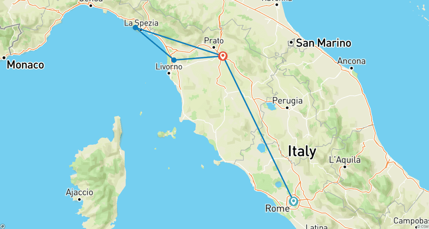 Mapa trasy: 5-dniowa podróż pociągiem: Rzym i Florencja z Pizą, Cinque Terre, Villa D’Este i Villa Adriana