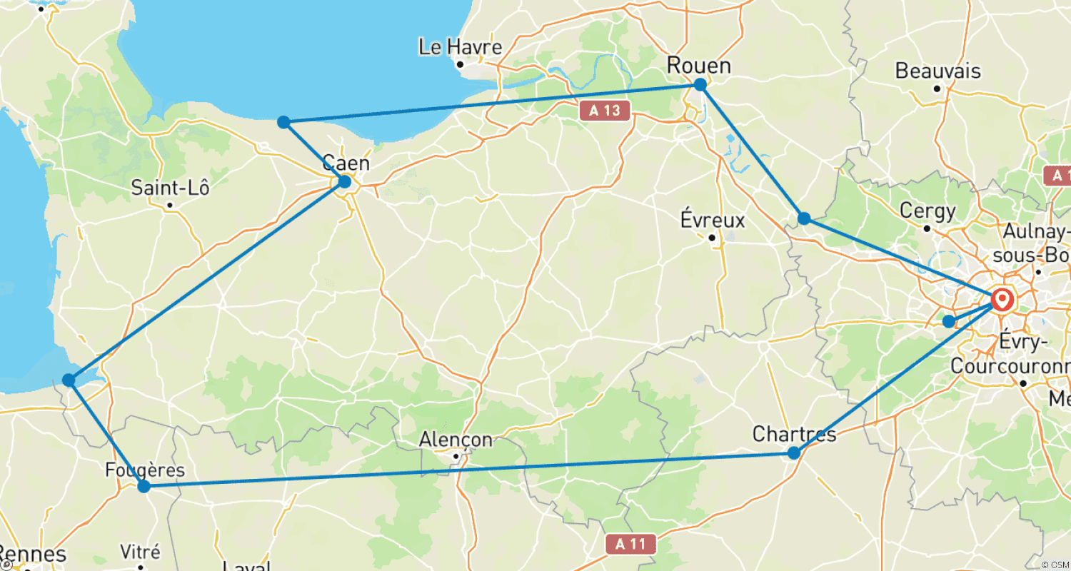 Brittany and Normandy with Parisのルートマップ