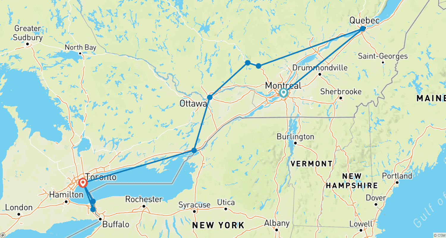 Mapa do percurso de Capitais Canadenses