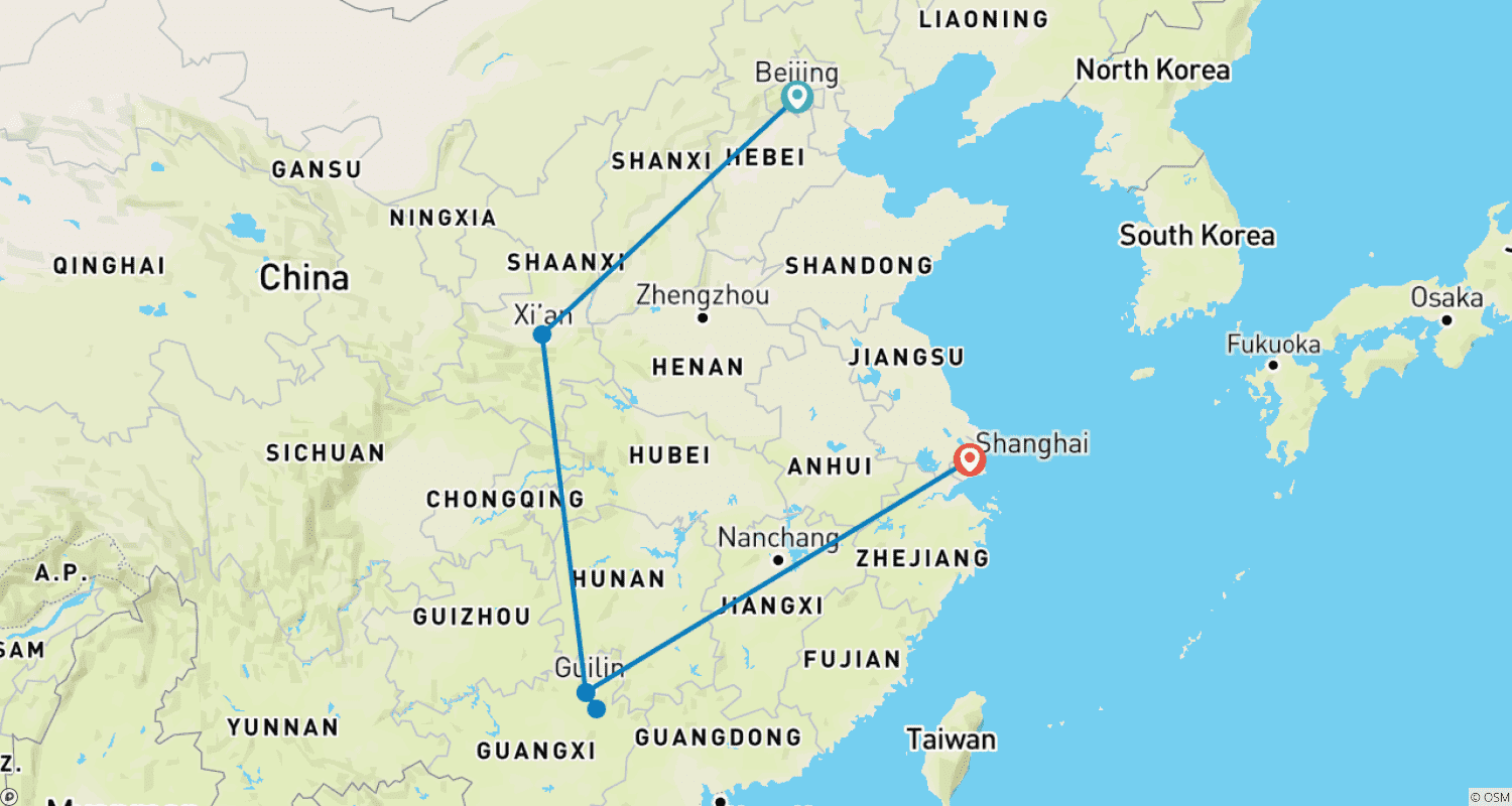 Mapa trasy: 11-dniowa Prywatna Wycieczka po Cudach Chin
