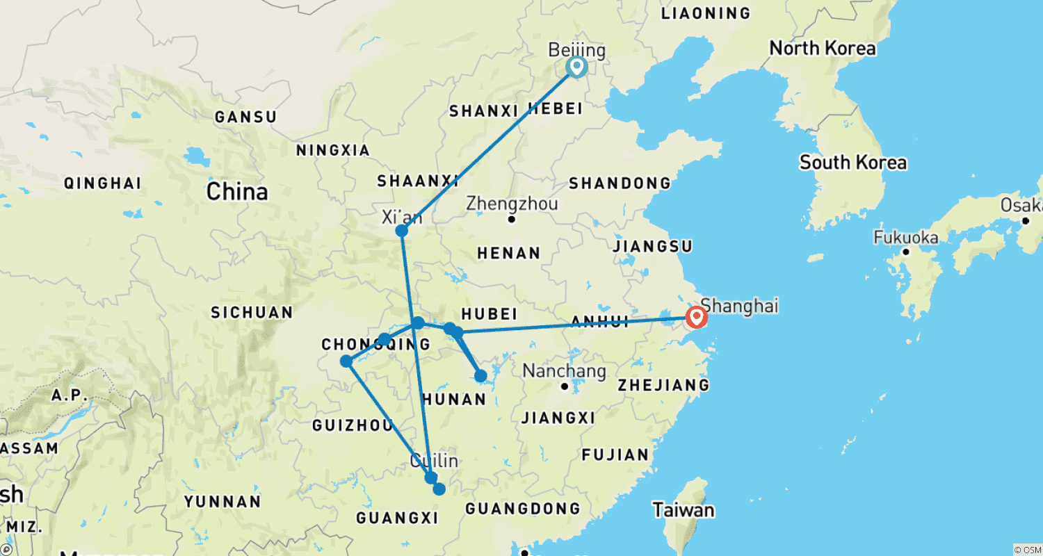 خريطة مسار From Li River to the Yangtze Tour in 13 days