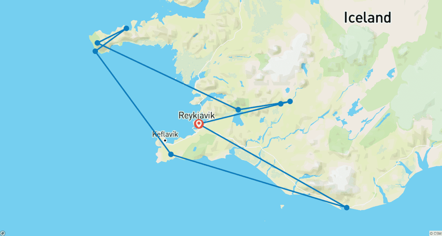 Mapa do percurso de Magical of Golden Circle, Snaefellsnes Peninsula & Jökulsárlón