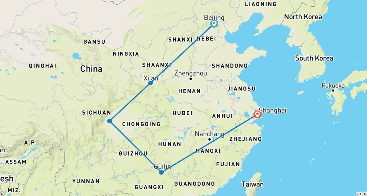 Mapa do percurso de 12 Days China Panda Tour - Private Tour