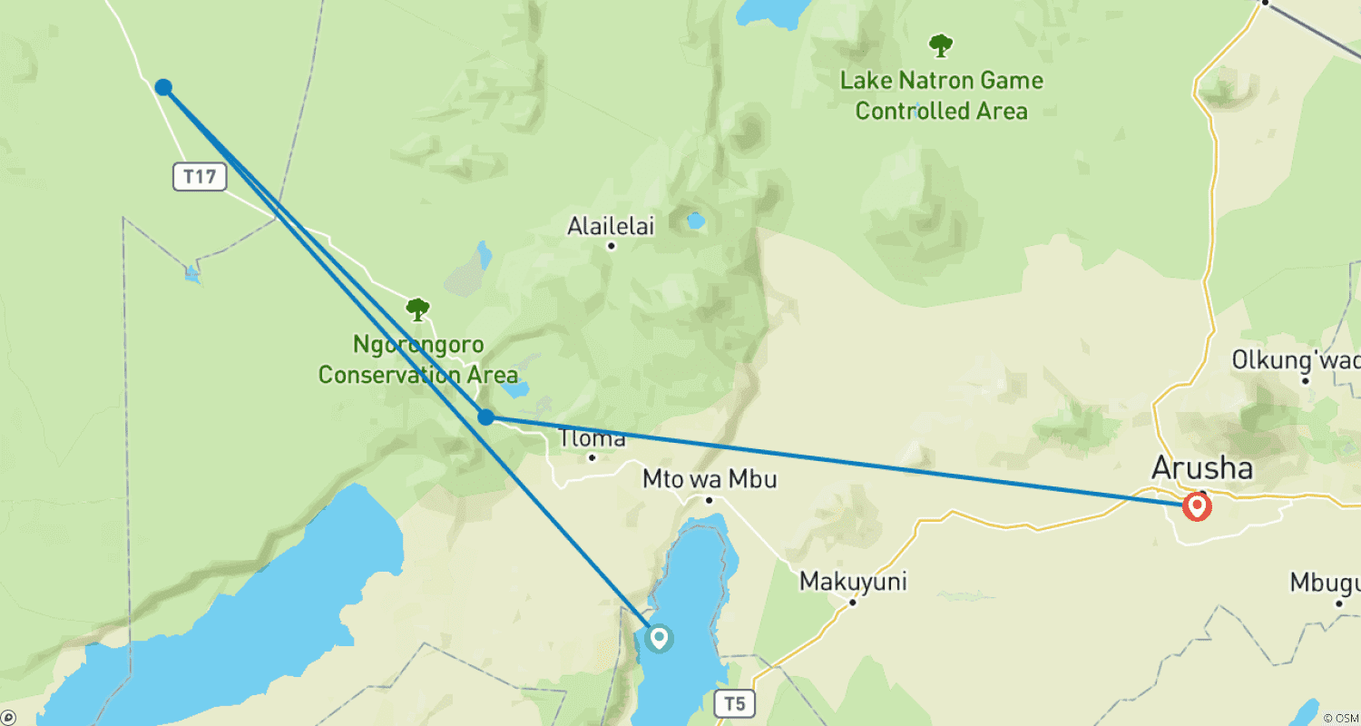 Mapa do percurso de Safári de 5 dias no Circuito Norte (Manyara, Serengeti, Ngorongoro)