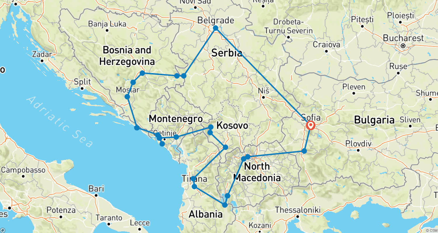 Mapa do percurso de Os Balcãs Definitivos: 8 Países em 15 Dias – Descubra a Bulgária, Sérvia, Bósnia e Herzegovina, Croácia, Montenegro, Kosovo, Albânia e Macedônia do Norte