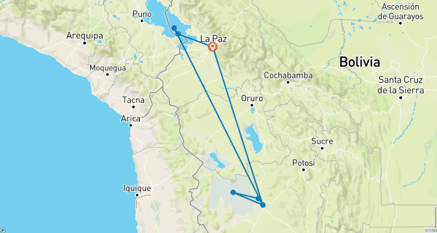 6-Day Bolivia Tour Package including La Paz and Uyuniのルートマップ