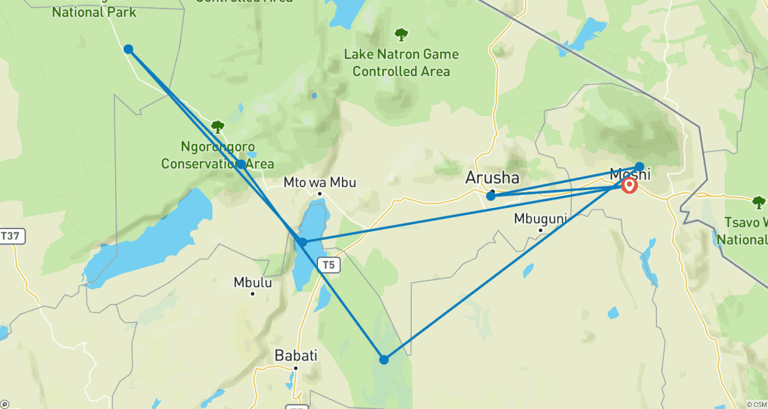 Mapa do percurso de Melhor Pacote de Safari de Luxo de 9 Dias na Tanzânia