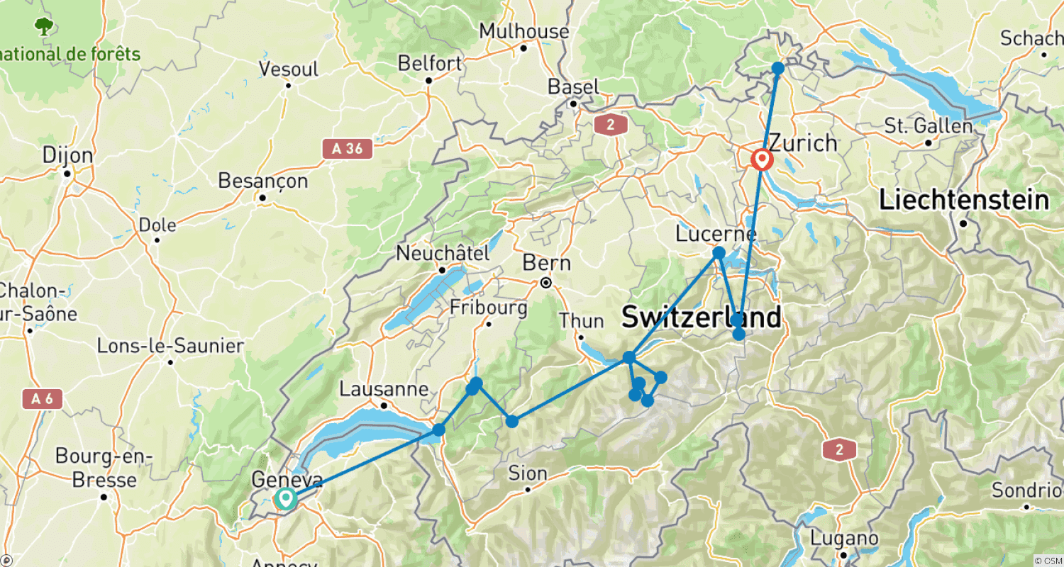 Mapa do percurso de Suíça em 7 Dias - Genebra, Interlaken, Lucerna e Zurique