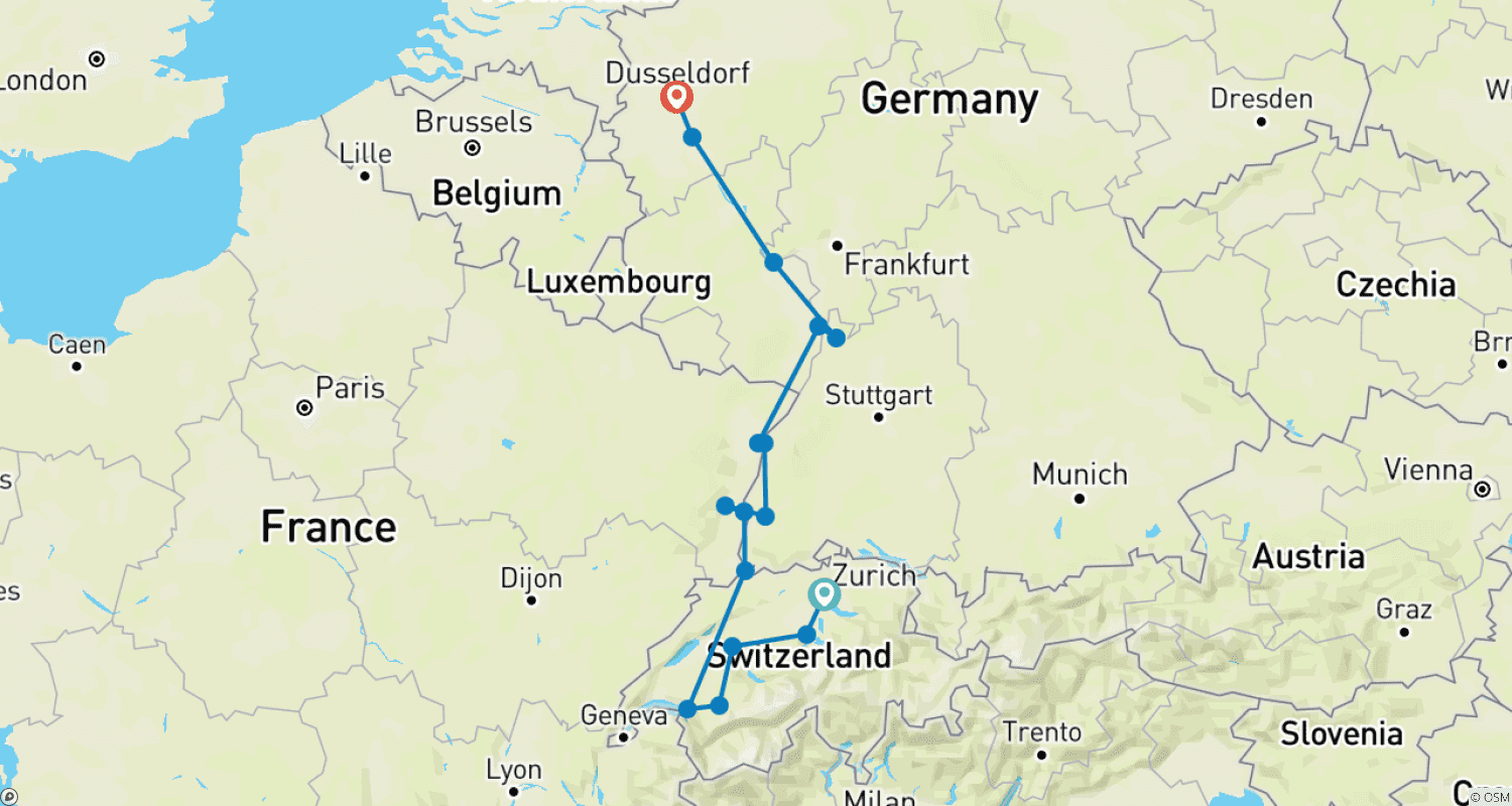 Mapa trasy: Jarmarki Bożonarodzeniowe nad Renem ze Szwajcarią 2026 - 12 Dni (16 miejsc docelowych)