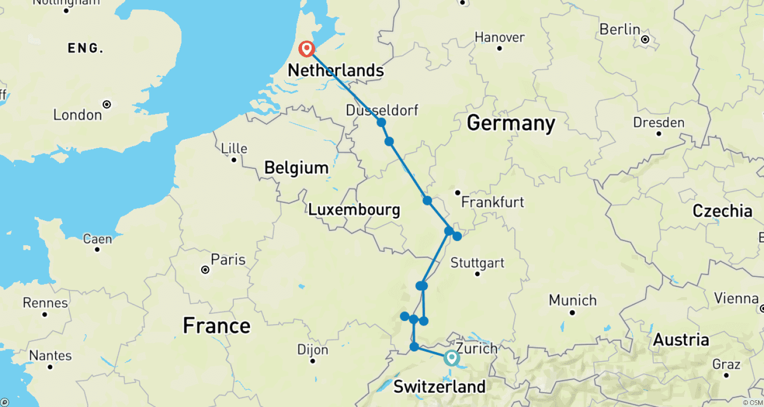 Rhine Christmas Markets 2026 - 8 Days (13 destinations)のルートマップ