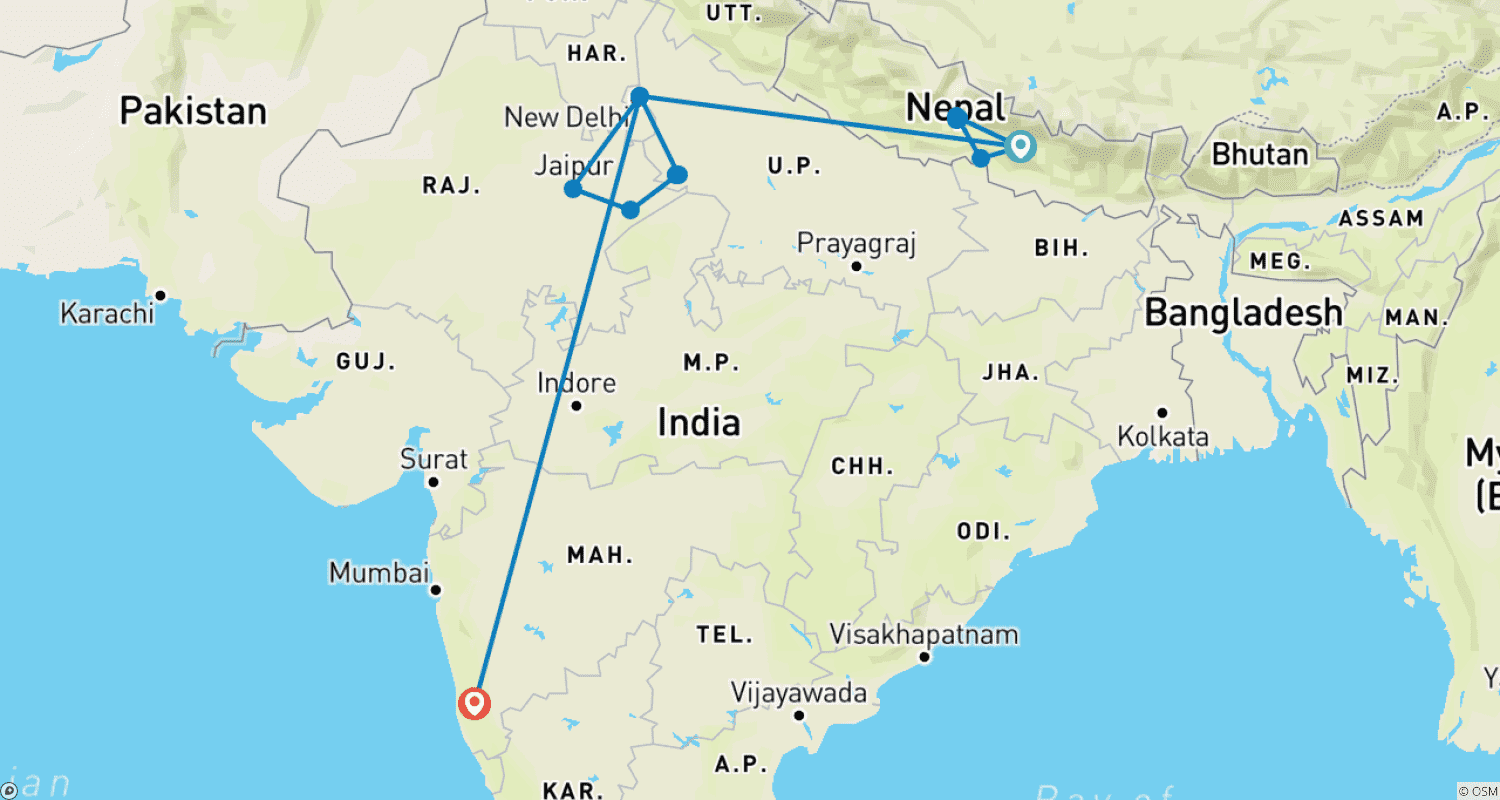 Mapa trasy: Nepal do Złotego Trójkąta i Goa - 19 dni