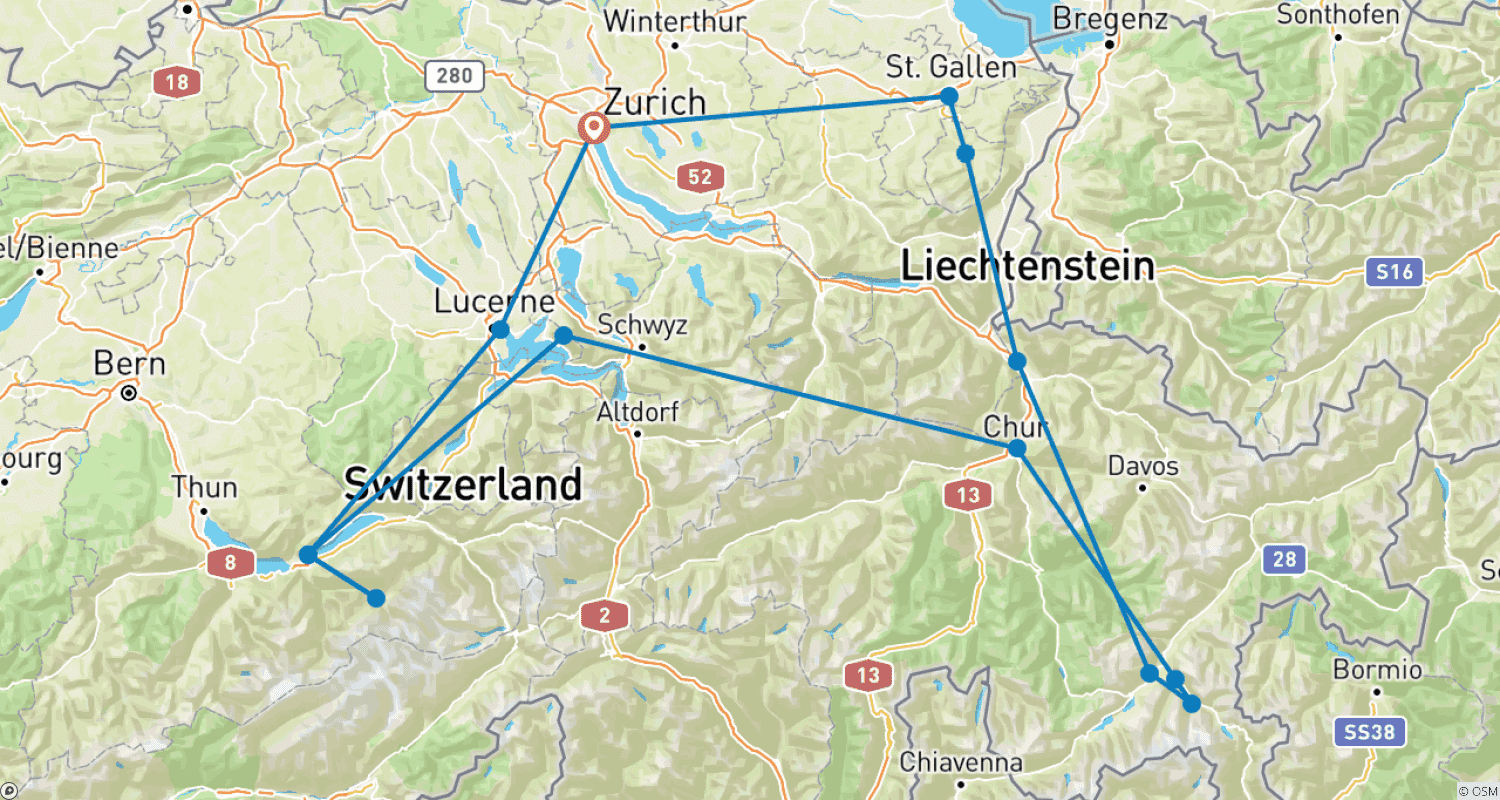 Mapa trasy: Najważniejsze atrakcje Szwajcarii - 6 dni