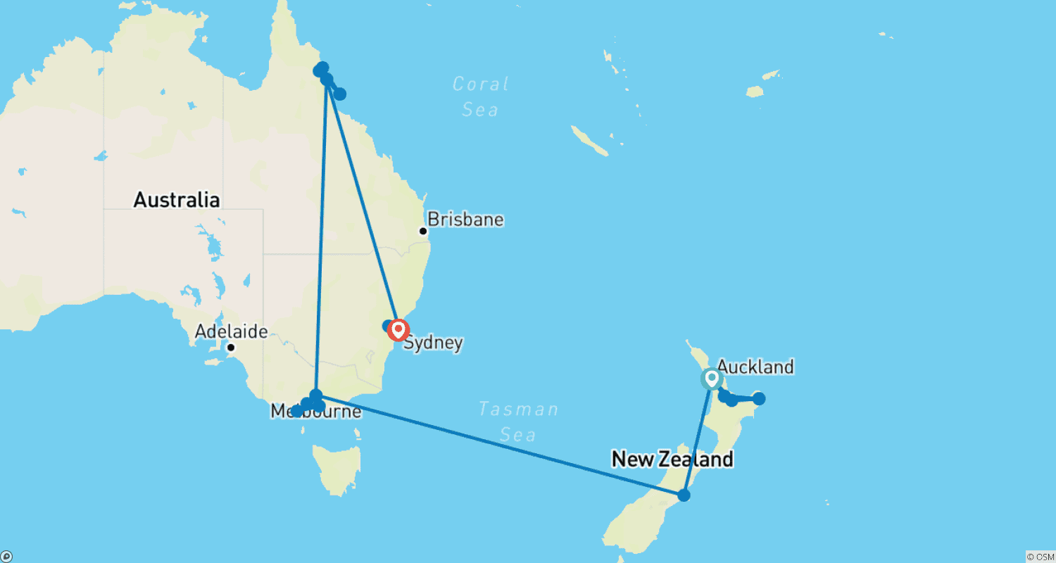 خريطة مسار Essential New Zealand & Australia with Flights