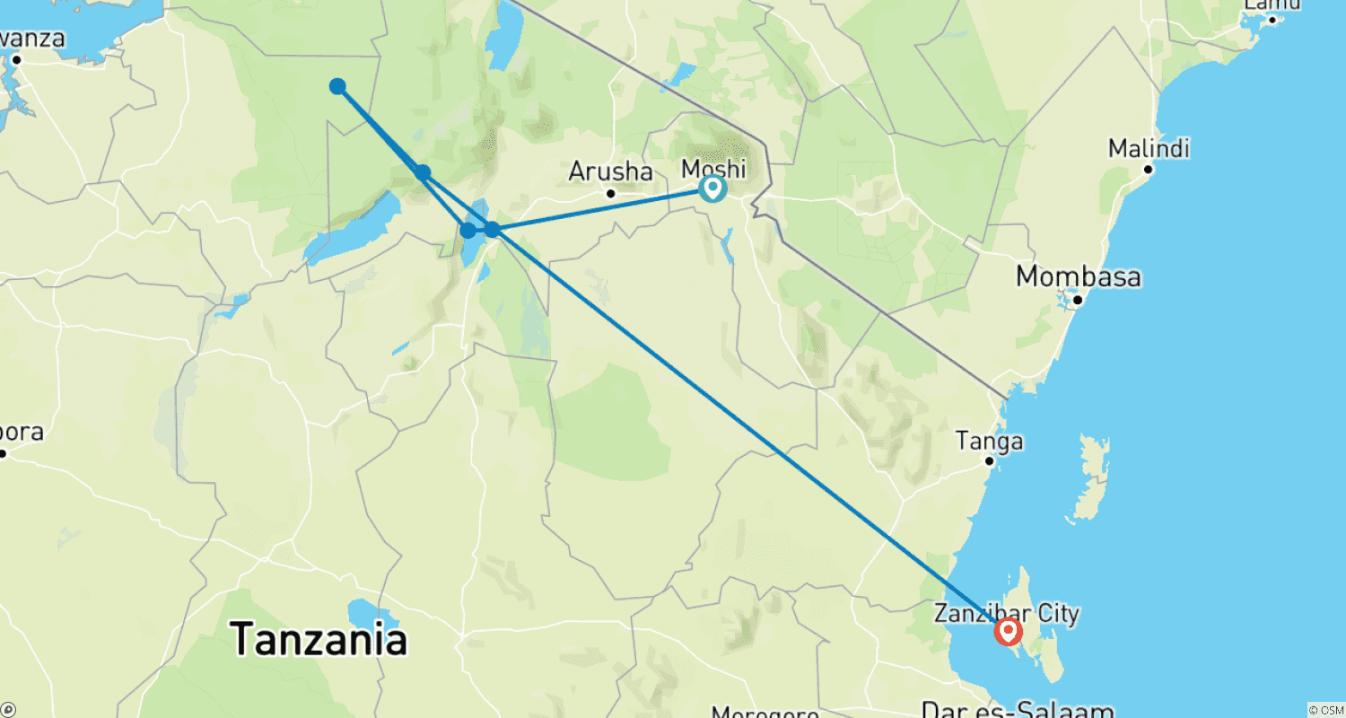 Mapa trasy: Cuda Dzikiej Przyrody Tanzanii i Raj na Plaży Zanzibaru Z Opcjonalną Wędrówką na Kilimandżaro (10 dni)