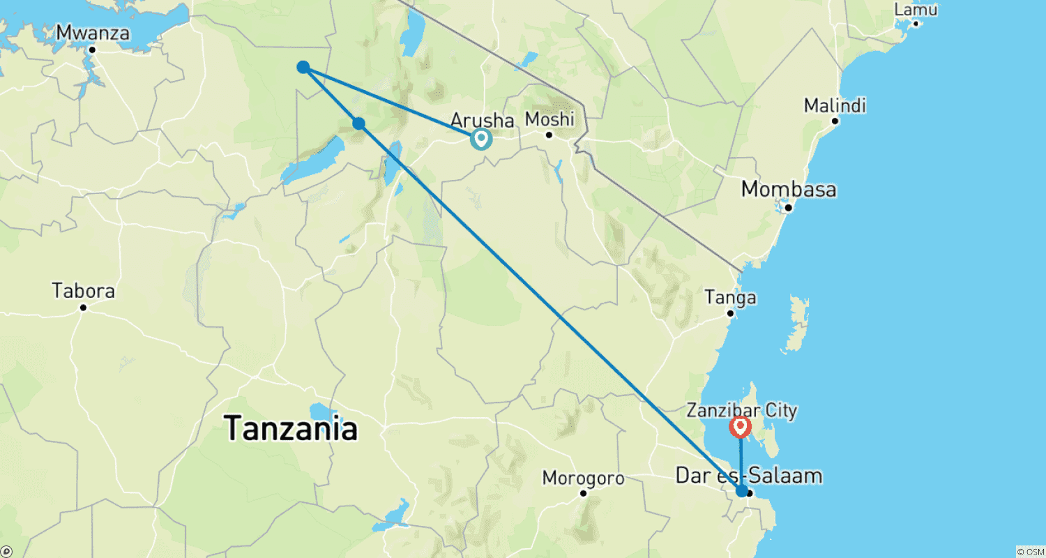 Mapa trasy: Tanzania do Zanzibaru: Białe Piaski i Dzika Przyroda (9 dni)