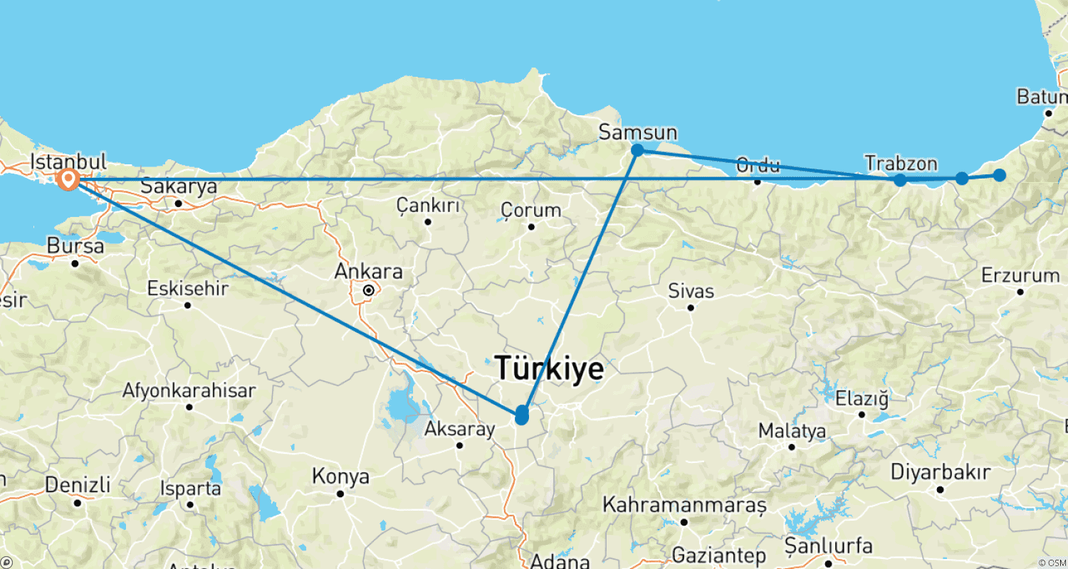 خريطة مسار 11-Day Private, Premium Tour of TURKEY | Secrets of the Black Sea: A Verdant Quest from Istanbul to Cappadocia & the Unknown! | VIP Road Trip | by ANGELS VACATIONS