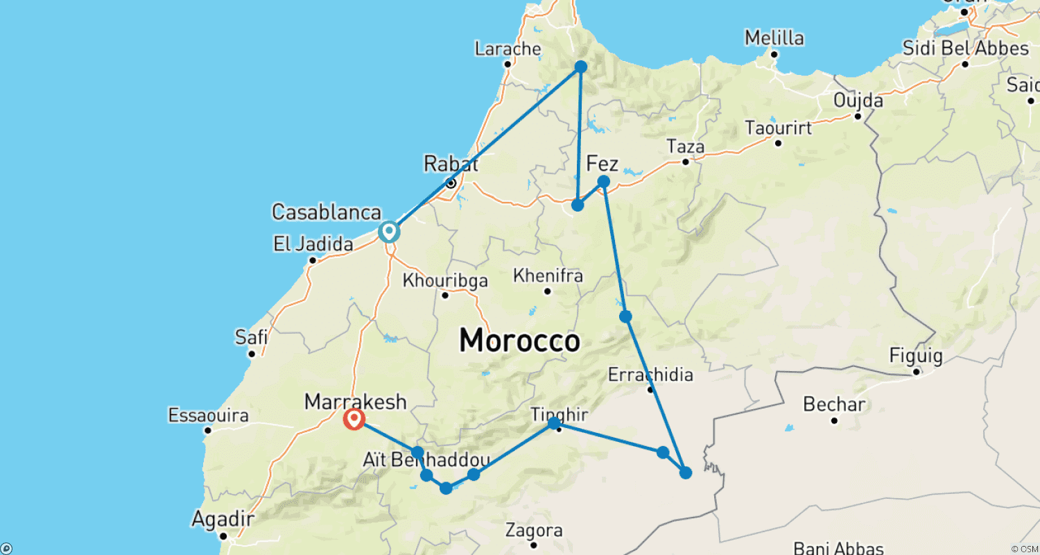 Mapa do percurso de Excursão de 7 Dias pelas Cidades Imperiais e Deserto do Saara de Marrocos. (Excursão em Grupo)
