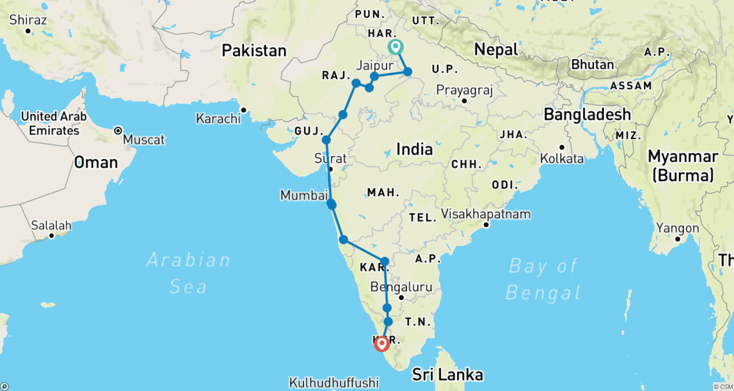 Mapa do percurso de Deli a Kochi: Ruínas de Hampi e O Taj Mahal