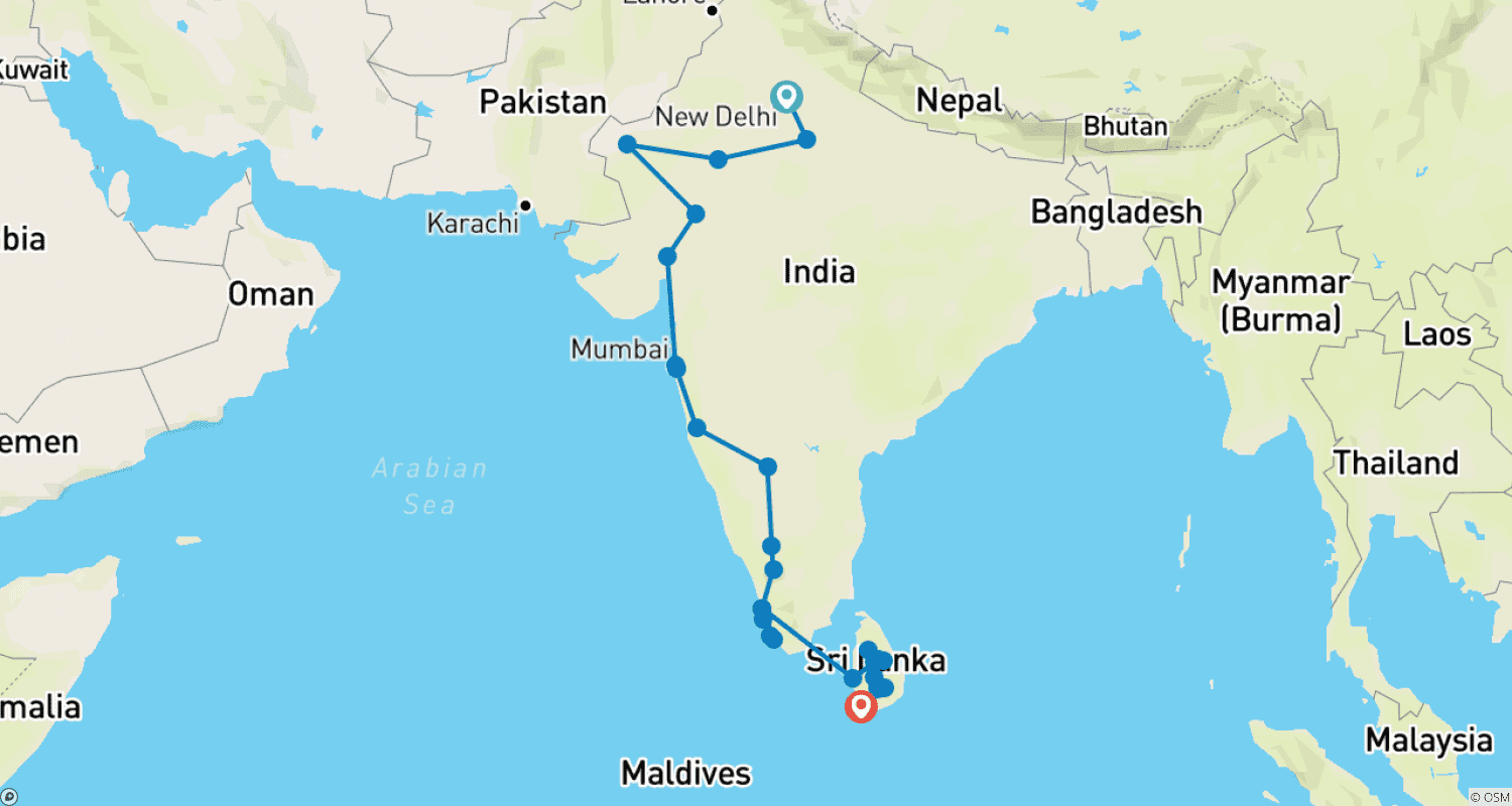 Mapa do percurso de Índia ao Sri Lanka: O Taj Mahal e Roteiros de Bares na Praia