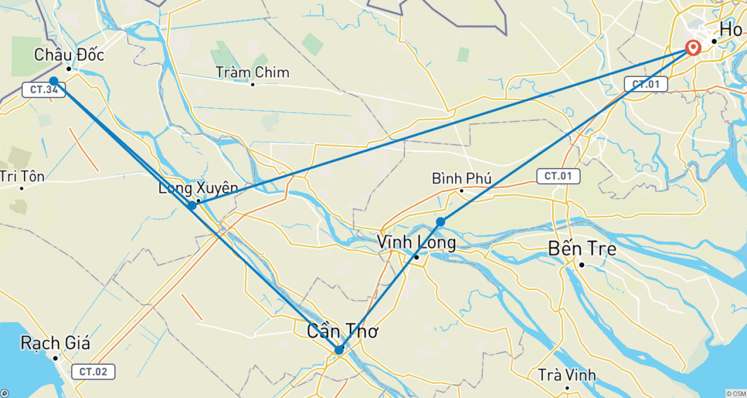 魅惑のメコンデルタ 3日間：Cai Be- Can Tho- Chau Doc- Ho Chi Minhのルートマップ