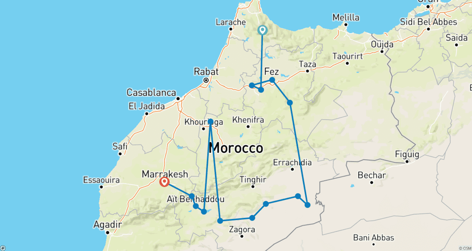 خريطة مسار جولة في المغرب لمدة 7 أيام: المدن الإمبراطورية ومغامرة صحراء الصحراء (جولة خاصة مع فنادق 4 نجوم)