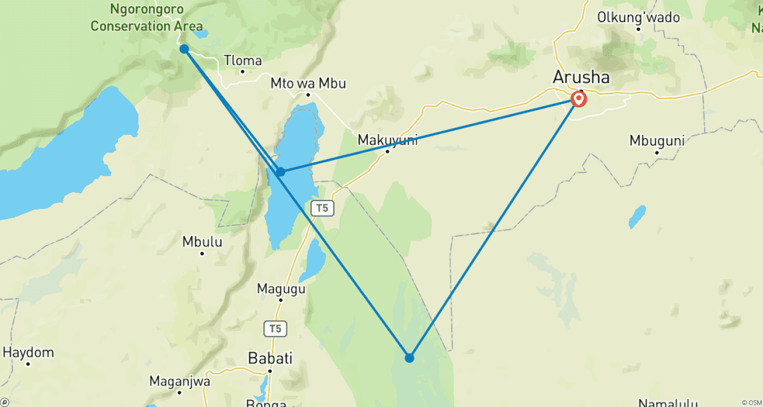 Mapa do percurso de Safari de Luxo em Grupo de 5 dias: Serengeti, Ngorongoro, Tarangire e Lago Manyara