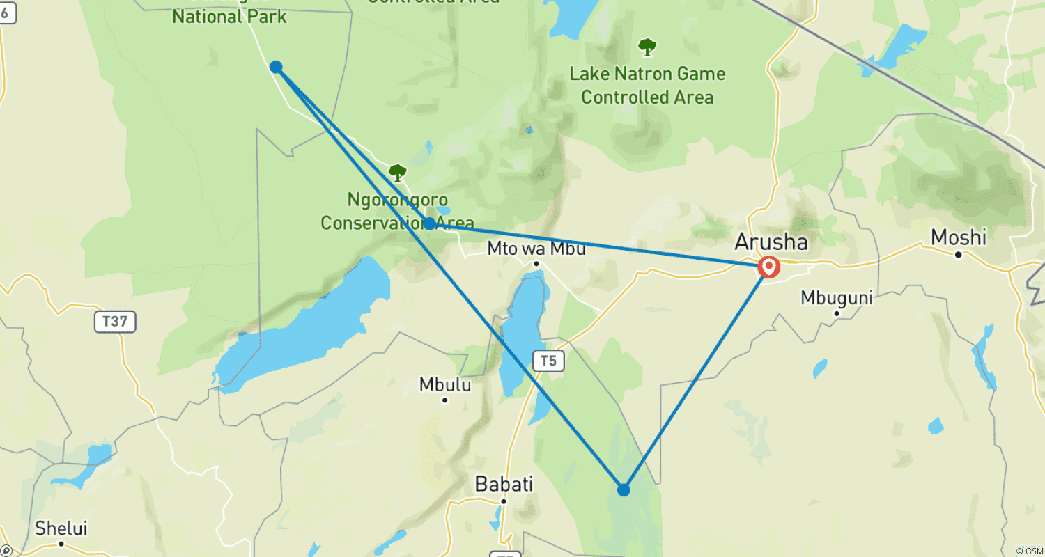 Mapa do percurso de 4 Days Joining Group Safari in Tanzania With Serengeti