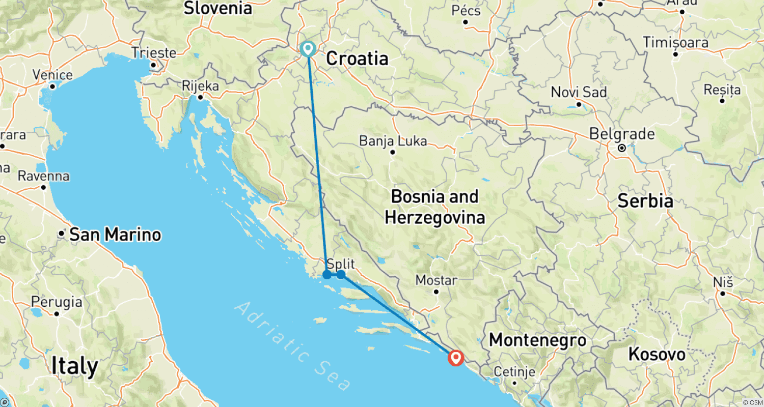 Mapa do percurso de 8-Day Self-Guided Tour of Zagreb, Split and Dubrovnik by Bus