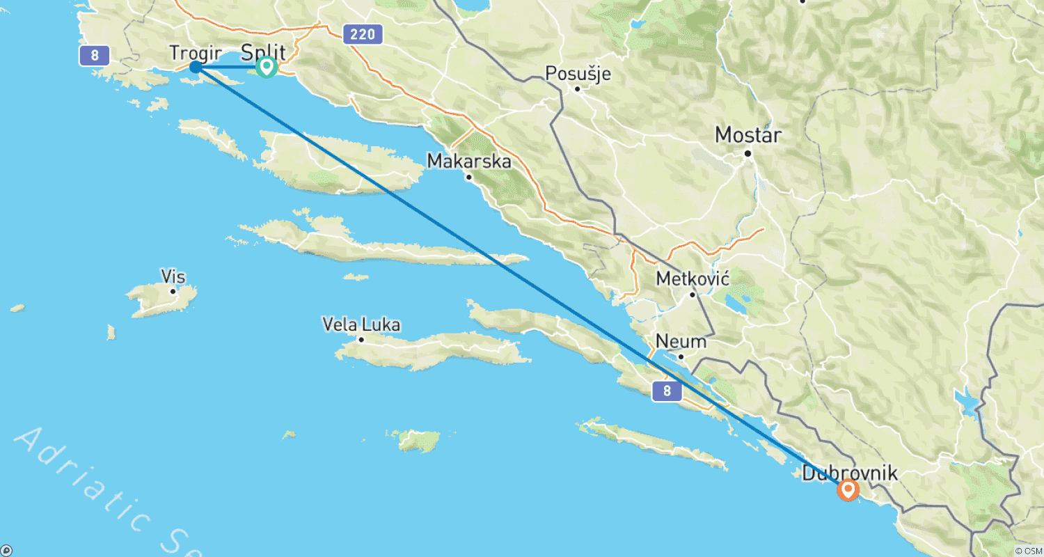 Mapa trasy: 6 Day Split, Trogir and Dubrovnik Self Guided