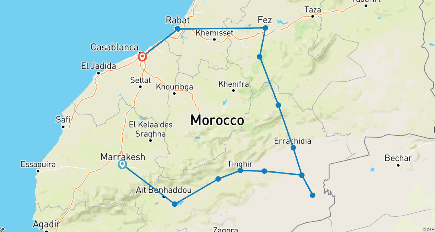 خريطة مسار جولة في المغرب لمدة 5 أيام من مراكش إلى الدار البيضاء، بزيارة الصحراء وفاس