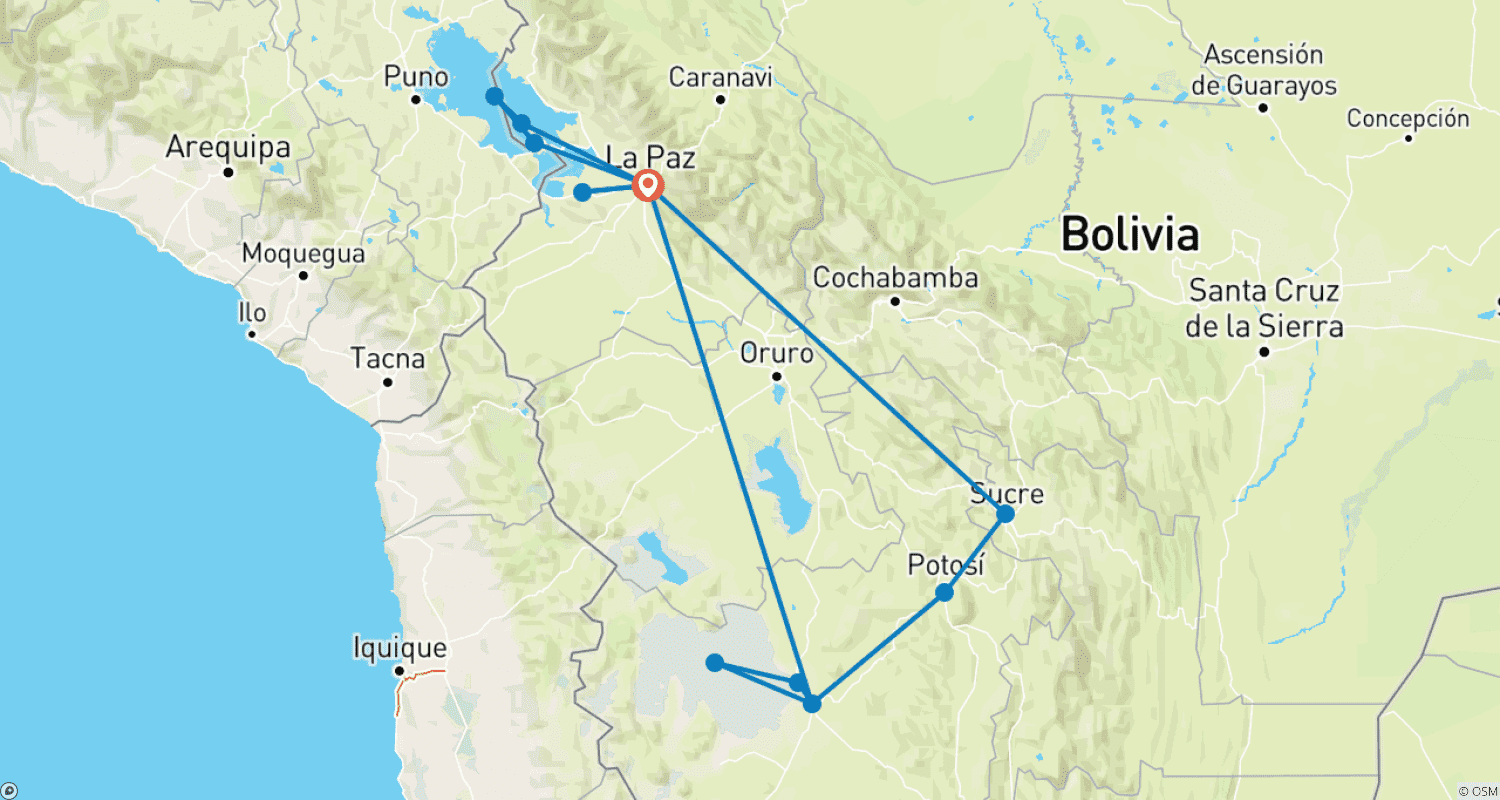 Mapa trasy: 6 dni Najważniejsze atrakcje wycieczki po Boliwii