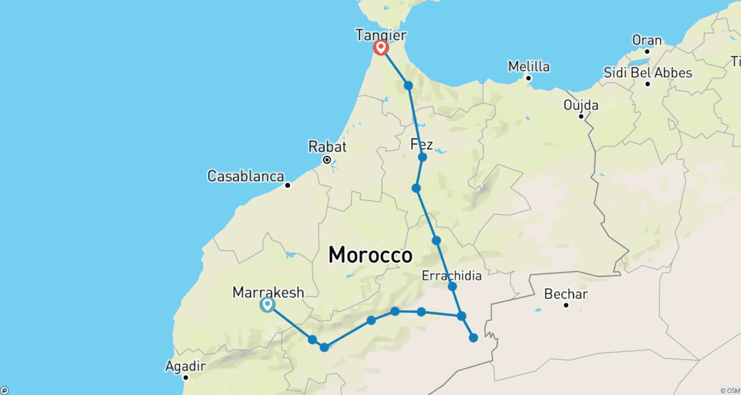 Mapa trasy: 6-dniowa wycieczka z Marrakeszu do Tangeru, odwiedzając Pustynię Sahara, Fez i Chefchaouen