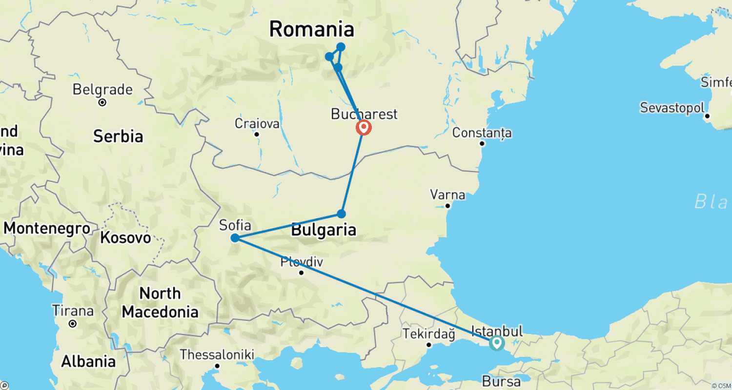 Mapa trasy: Podróż z Stambułu do Bukaresztu przez Sofię w 7 dni